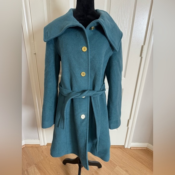 COACH Wool Mohair Teal Belted Peacoat Gold Buttons Size Large VGUC - Picture 1 of 7